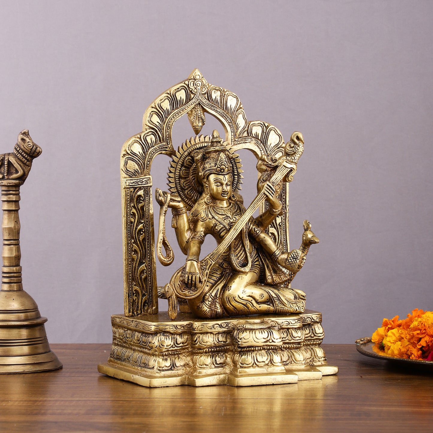 Pure Brass Goddess Saraswati Statue - 11" Divine Craftsmanship