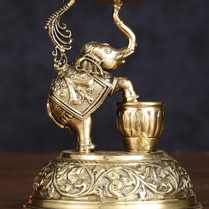 Pure Brass Superfine Intricate Jumping Elephant Oil Lamp - Lightweight, 5" Tall