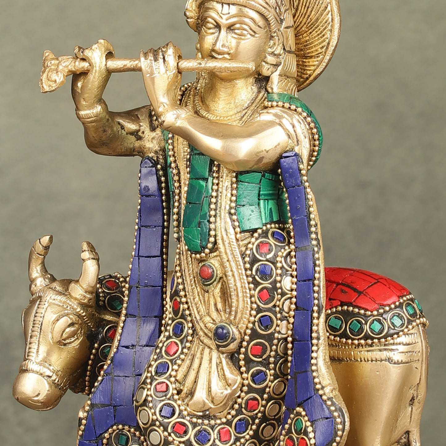 Pure Brass Lord Krishna with Cow Idol | 9.5"