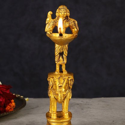 Traditional South Indian Pure Brass Deep Lady Paavai on Elephant Oil Lamp 6.5"