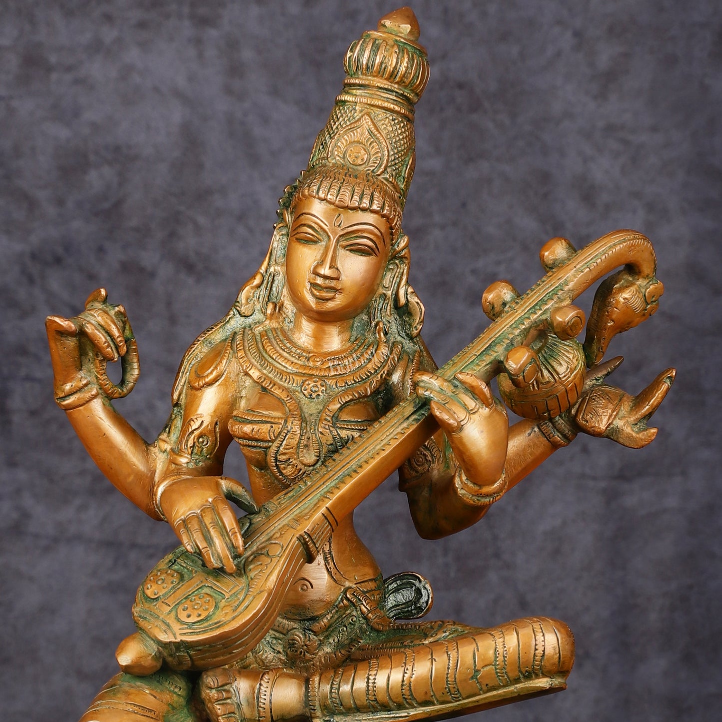 Vintage Brass Saraswati Idol - 12" Divine Sculpture