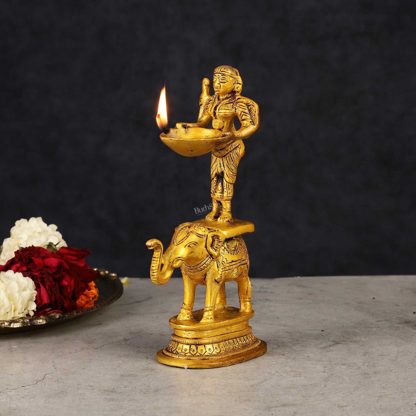 Traditional South Indian Pure Brass Deep Lady Paavai on Elephant Oil Lamp 6.5"