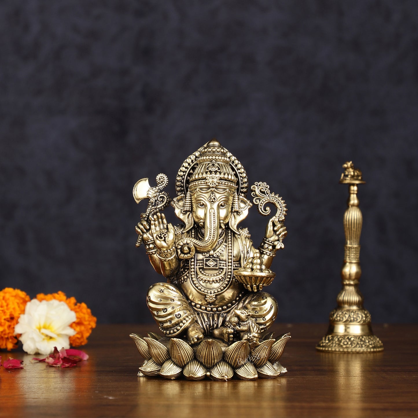 Brass Superfine Intricately Carved Small Right trunk Ganesha Idol - 5" Tall