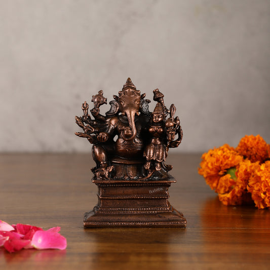 Pure copper Maha Ganapati Seated with Riddhi Idol - 3.5"