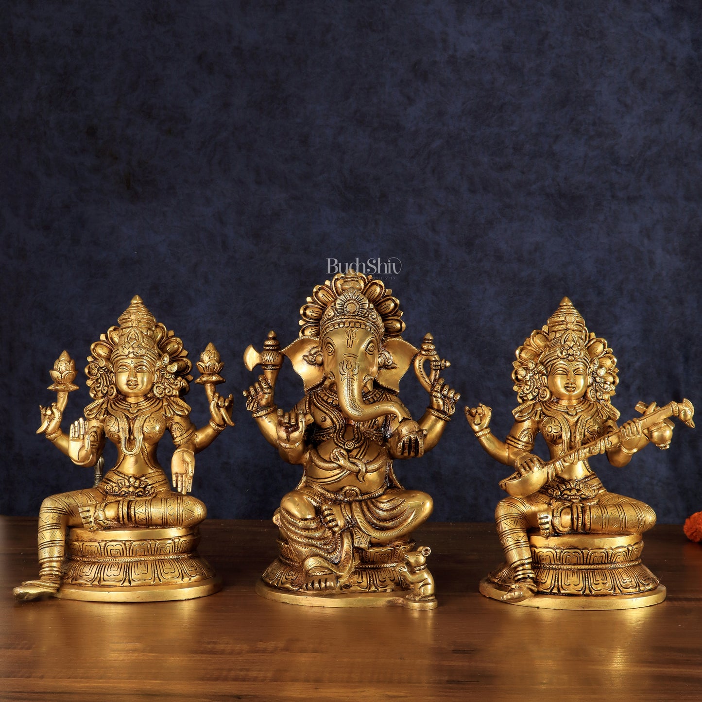 Handcrafted Pure Brass Ganesha Lakshmi Saraswati Set – 11.5"