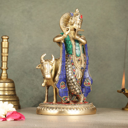 Pure Brass Lord Krishna with Cow Idol | 9.5"