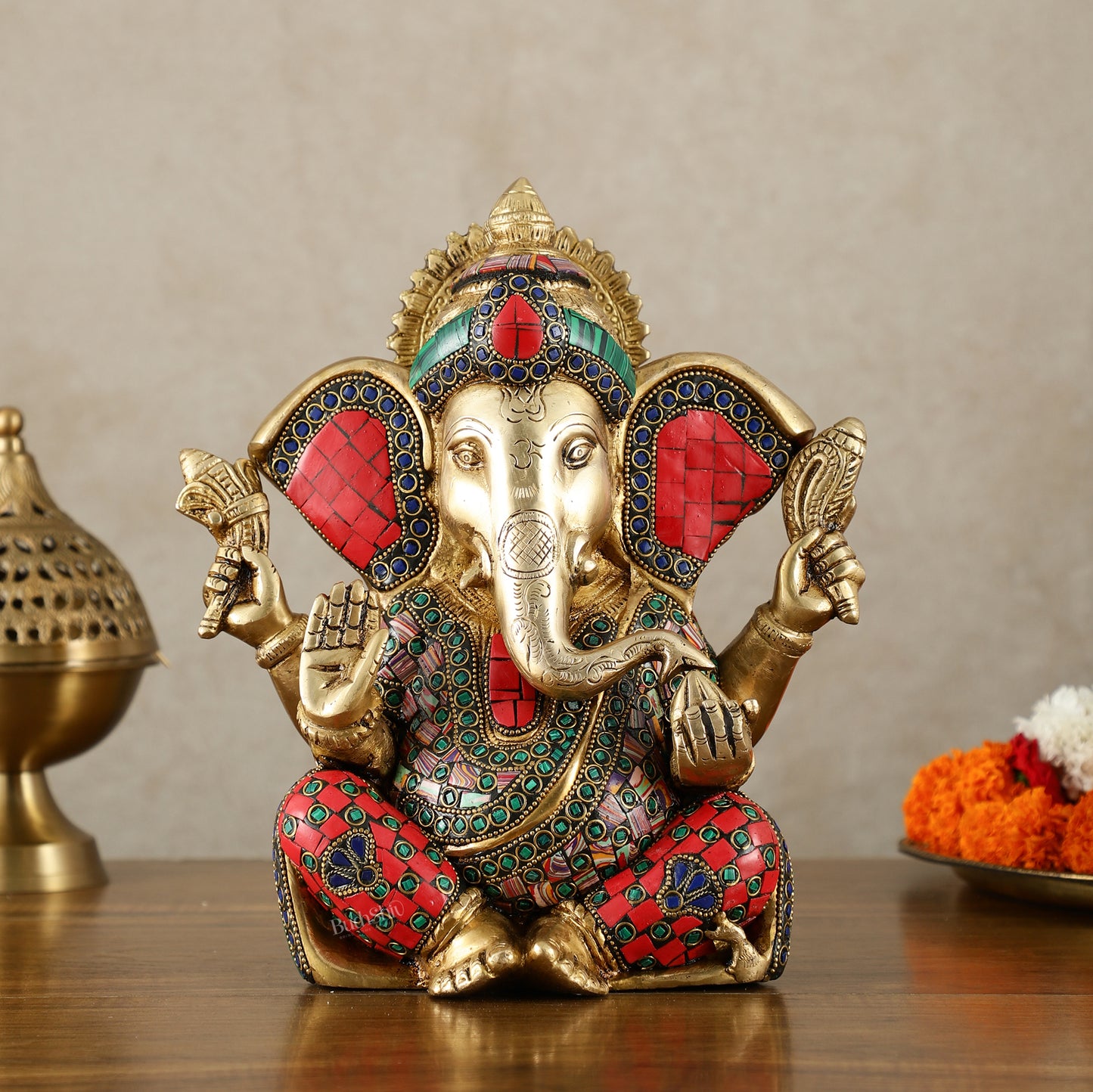 Vibrant Brass Lord Ganesha Statue with Meenakari Stonework and Big Ears - 10"