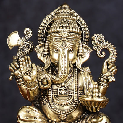 Brass Superfine Intricately Carved Small Right trunk Ganesha Idol - 5" Tall