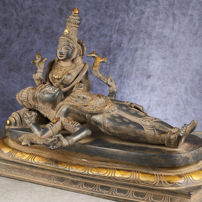 Rare Brass Lord Shiva Resting with goddess Parvati 17.5 inch wide