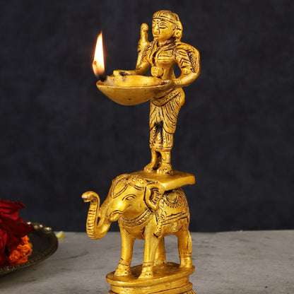 Traditional South Indian Pure Brass Deep Lady Paavai on Elephant Oil Lamp 6.5"