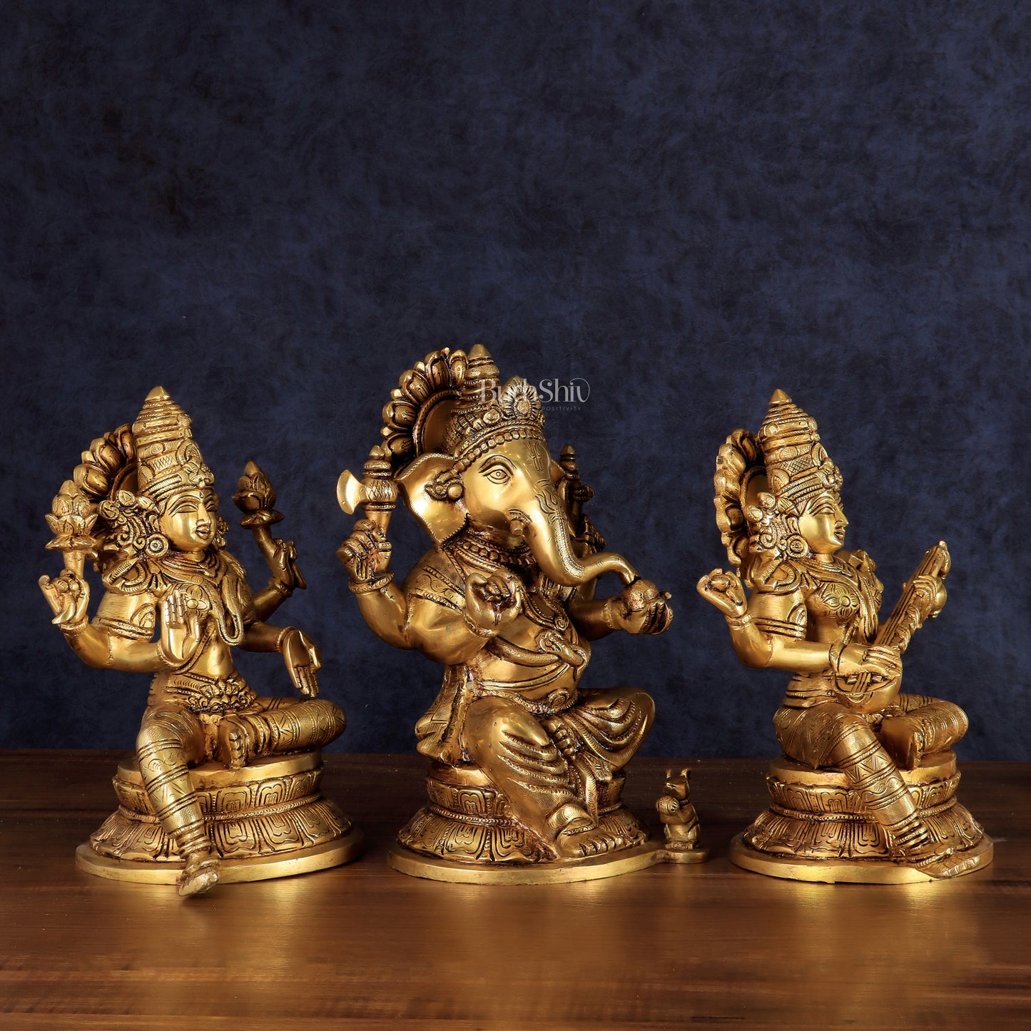 Handcrafted Pure Brass Ganesha Lakshmi Saraswati Set – 11.5"