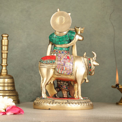 Pure Brass Lord Krishna with Cow Idol | 9.5"