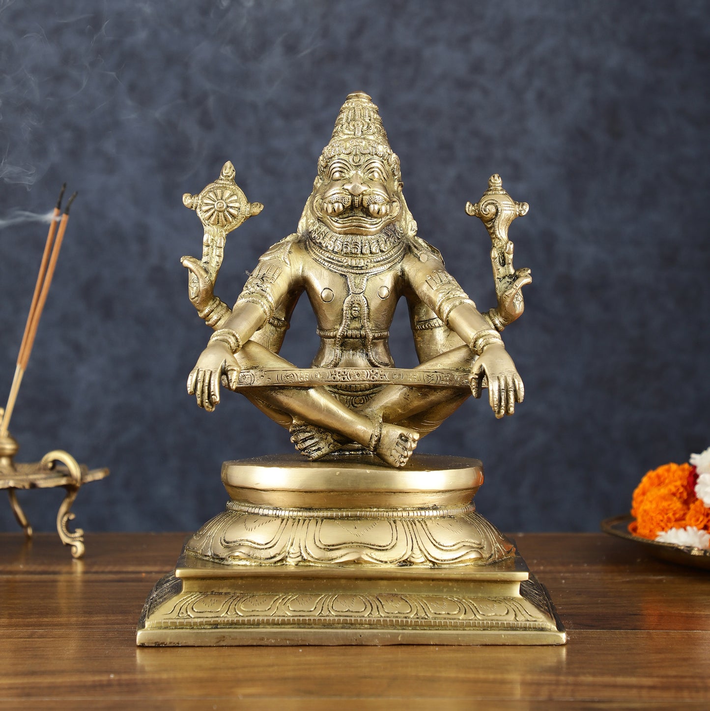 Brass Yog Narasimha Statue 11" Antique gold tone