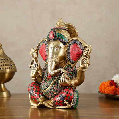 Vibrant Brass Lord Ganesha Statue with Meenakari Stonework and Big Ears - 10"