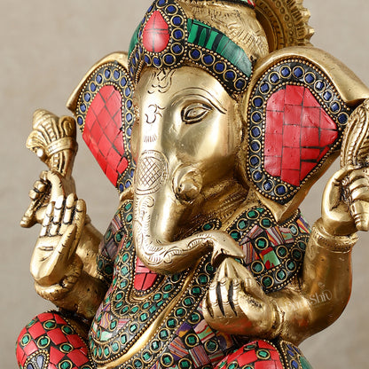 Vibrant Brass Lord Ganesha Statue with Meenakari Stonework and Big Ears - 10"