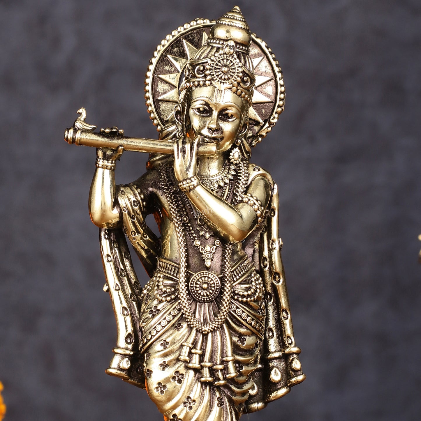 Brass Intricately Carved Superfine Krishna Idol - 7" Tall