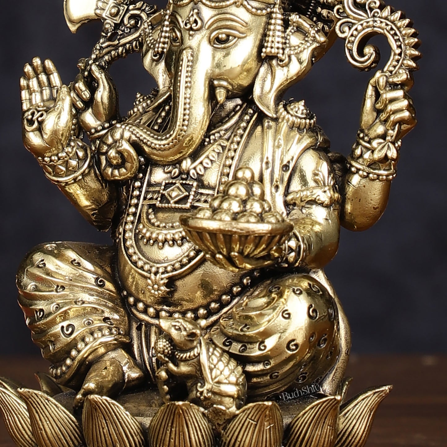 Brass Superfine Intricately Carved Small Right trunk Ganesha Idol - 5" Tall