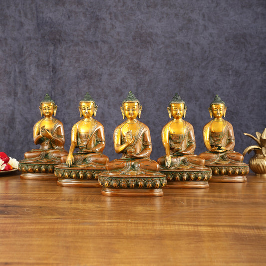 Brass Set of 5 Dhyani Buddha Statues - 8 inch