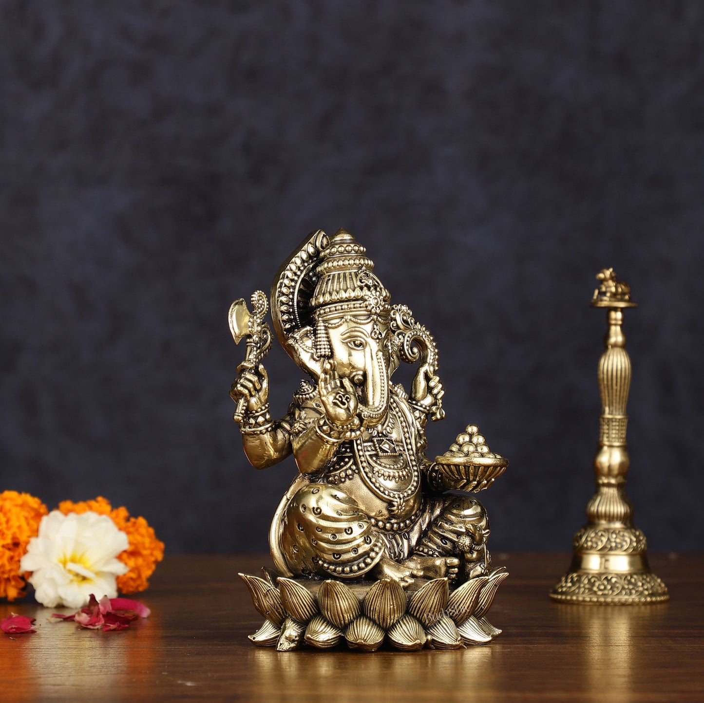 Brass Superfine Intricately Carved Small Right trunk Ganesha Idol - 5" Tall