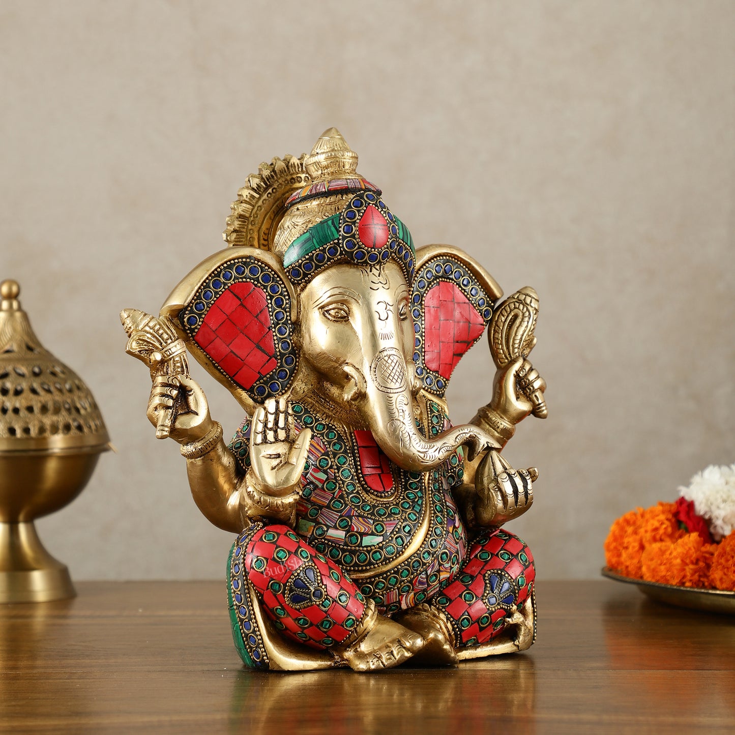 Vibrant Brass Lord Ganesha Statue with Meenakari Stonework and Big Ears - 10"