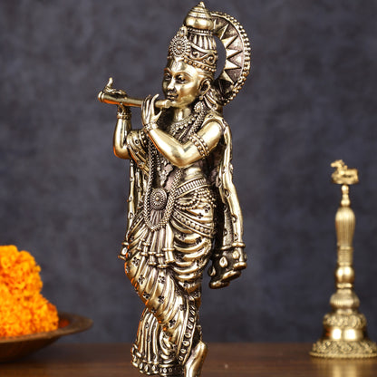 Brass Intricately Carved Superfine Krishna Idol - 7" Tall