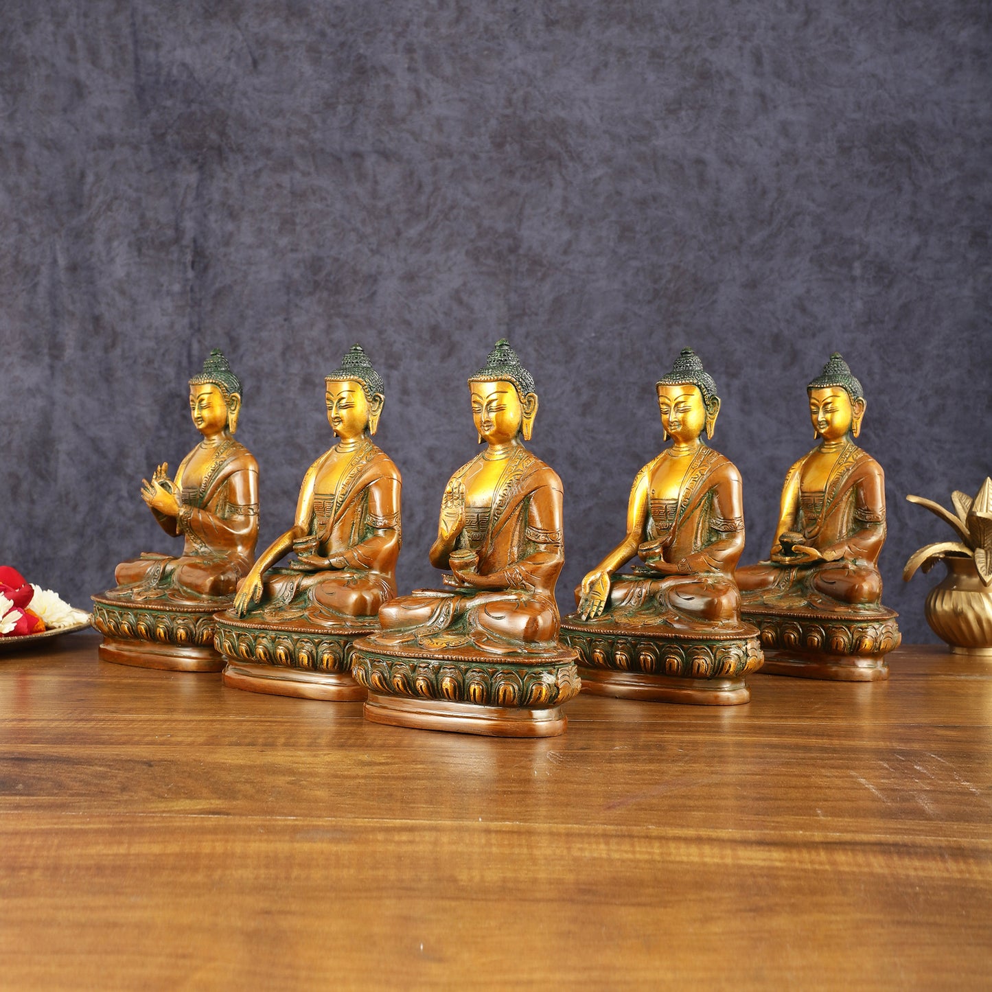 Brass Set of 5 Dhyani Buddha Statues - 8 inch