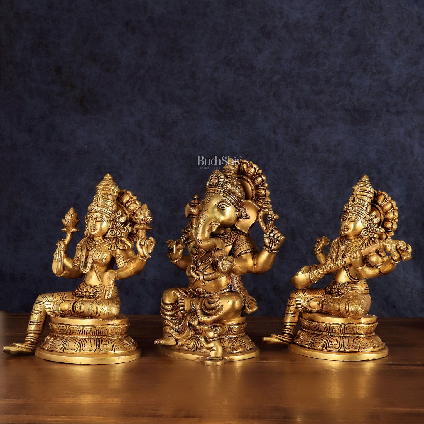 Handcrafted Pure Brass Ganesha Lakshmi Saraswati Set – 11.5"