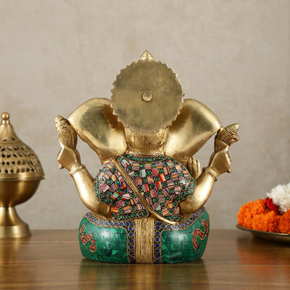 Vibrant Brass Lord Ganesha Statue with Meenakari Stonework and Big Ears - 10"