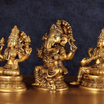 Handcrafted Pure Brass Ganesha Lakshmi Saraswati Set – 11.5"