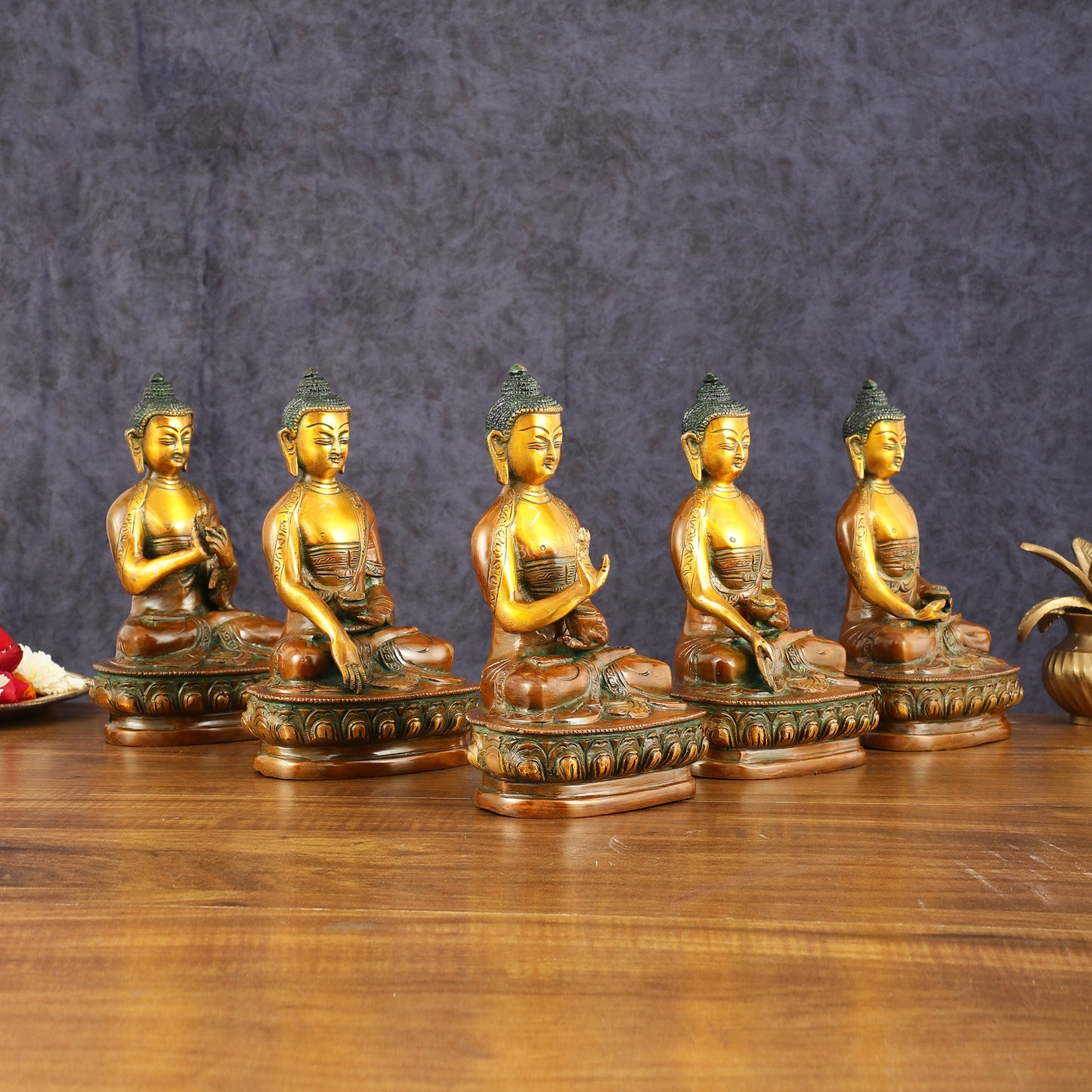 Brass Set of 5 Dhyani Buddha Statues - 8 inch