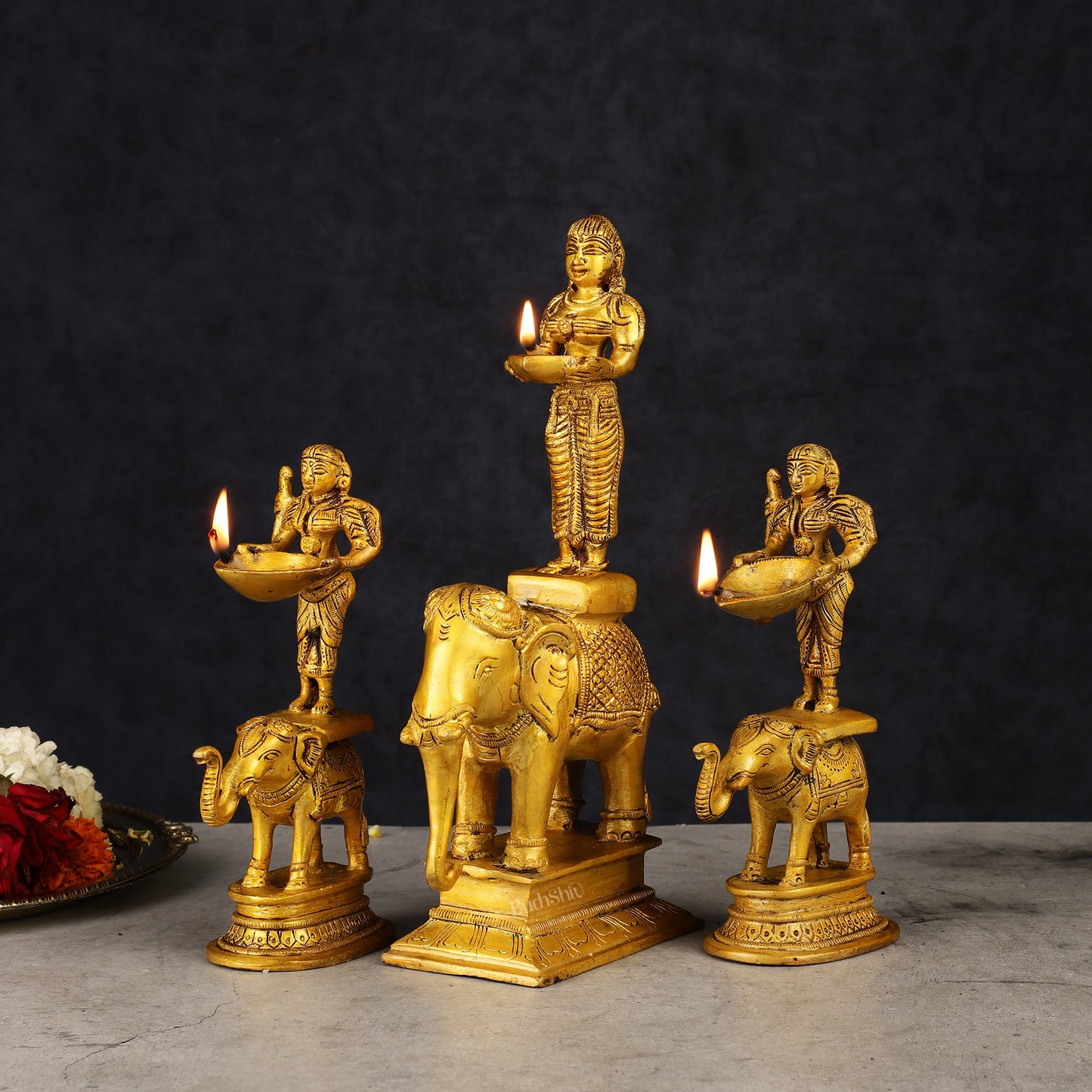 Traditional South Indian Pure Brass Deep Lady Paavai on Elephant Oil Lamps - Set of 3