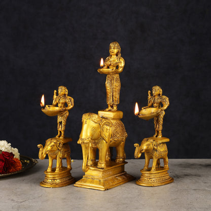 Traditional South Indian Pure Brass Deep Lady Paavai on Elephant Oil Lamps - Set of 3