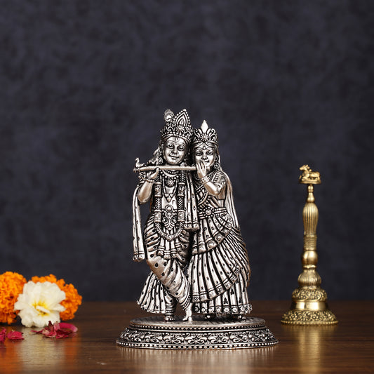 Intricate silver plated Lightweight Brass Radha Krishna Idol - 5"