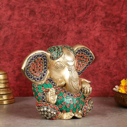 Brass Appu Ganesha Superfine Statue Big ears 6" with multicolour work