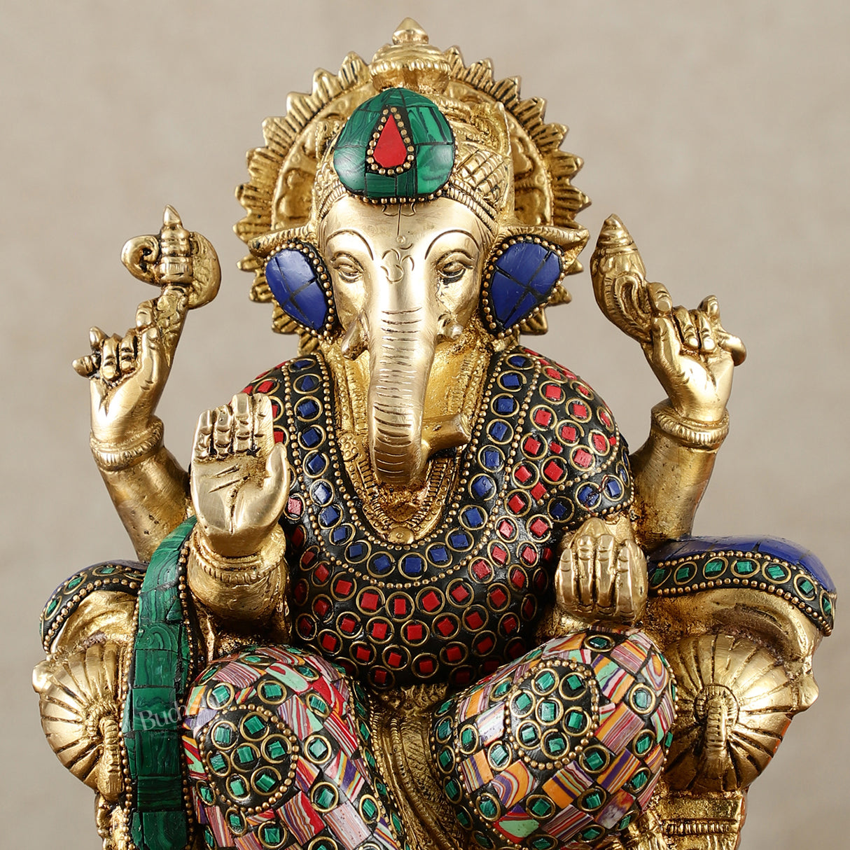 Brass Ganesha Idol with Meenakari Stonework | 10" Height | Vibrant