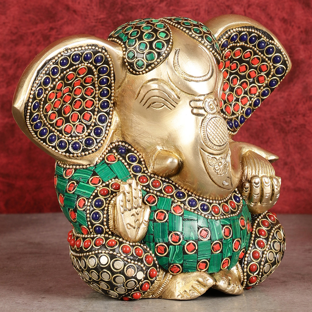 Brass Appu Ganesha Superfine Statue Big ears 6" with multicolour work