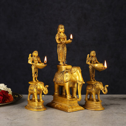 Traditional South Indian Pure Brass Deep Lady Paavai on Elephant Oil Lamps - Set of 3