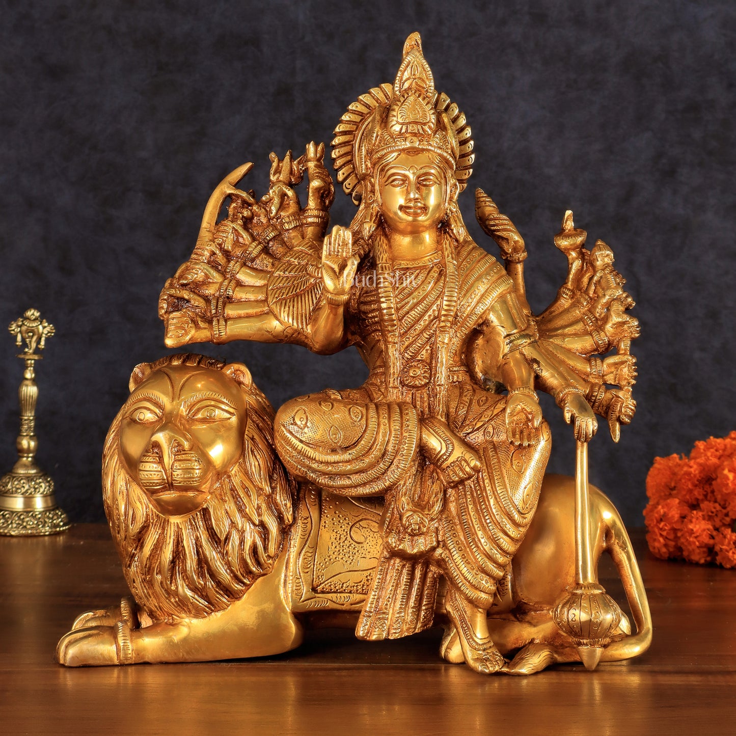 Brass Durga with Eighteen Arms with sitting Lion Idol - 12 Inch