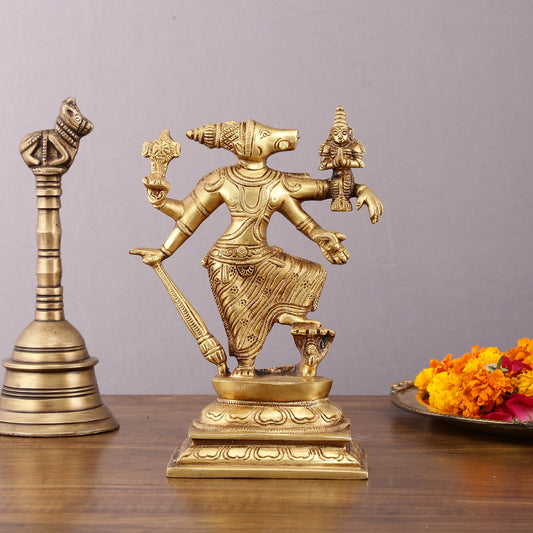 Pure Brass Lord Varaha with Goddess Lakshmi & Bhumi Devi – 8.5 inch