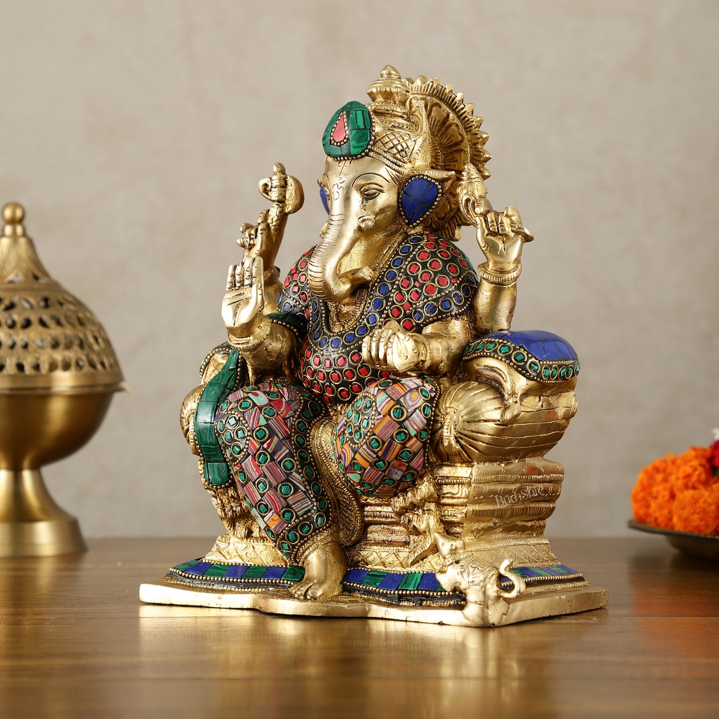 Brass Ganesha Idol with Meenakari Stonework | 10" Height | Vibrant