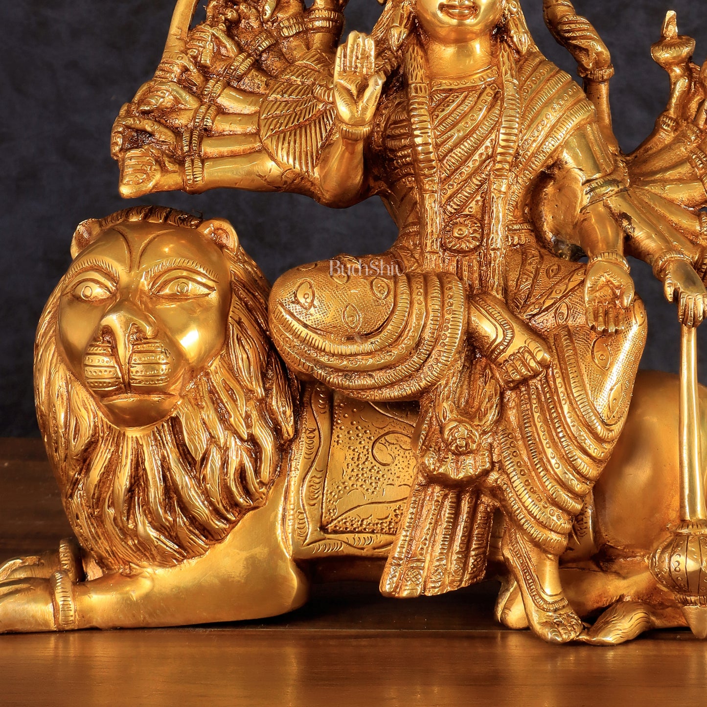 Brass Durga with Eighteen Arms with sitting Lion Idol - 12 Inch