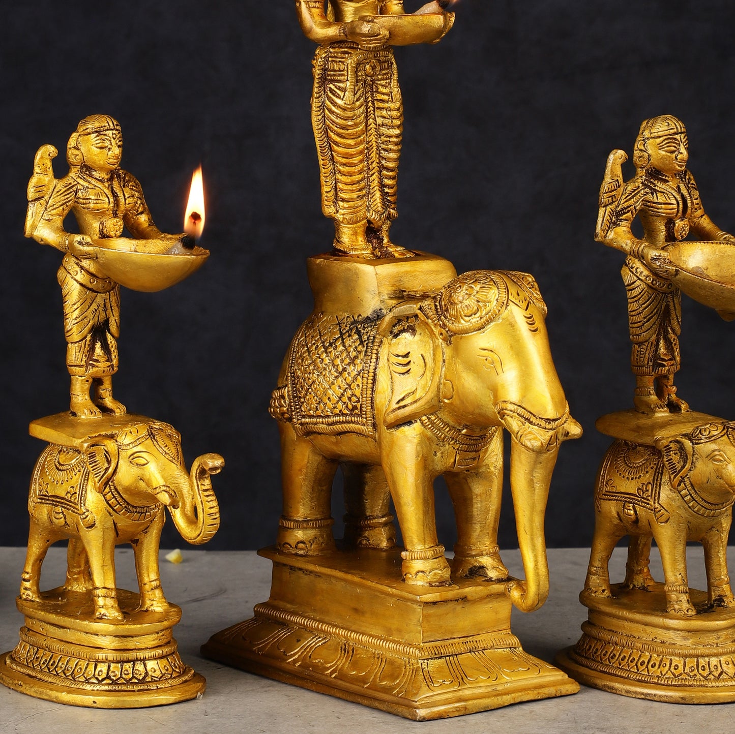 Traditional South Indian Pure Brass Deep Lady Paavai on Elephant Oil Lamps - Set of 3