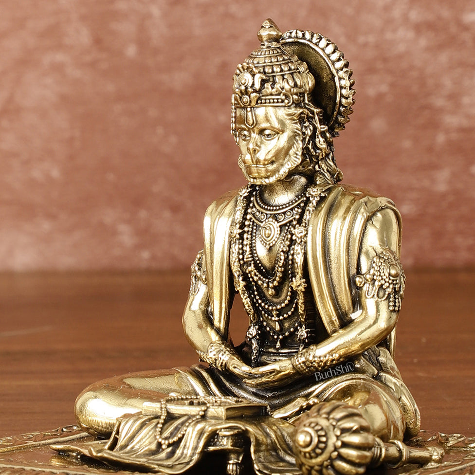 Pure Brass Superfine Meditation Hanuman Idol - Intricately Carved - 4" Tall