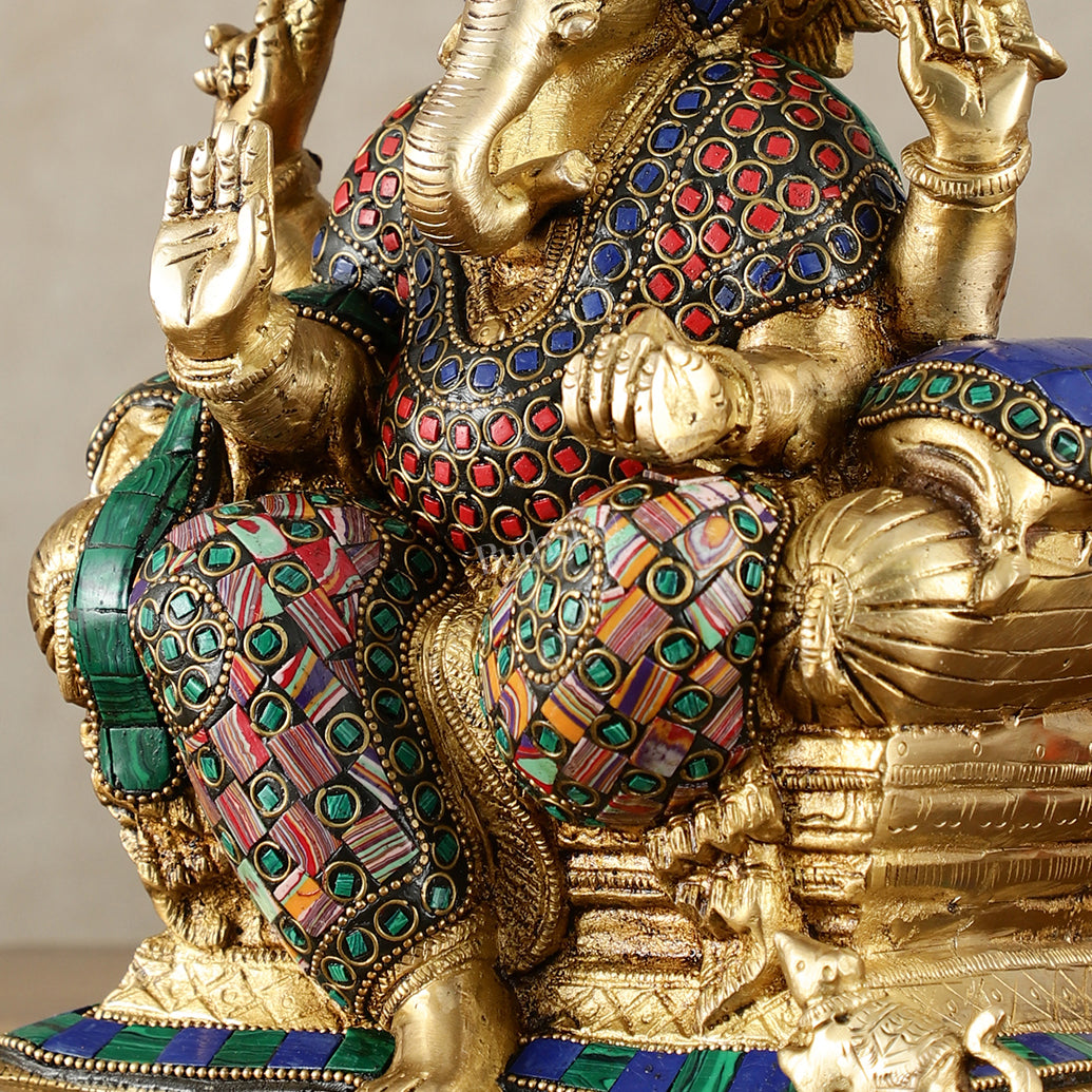 Brass Ganesha Idol with Meenakari Stonework | 10" Height | Vibrant