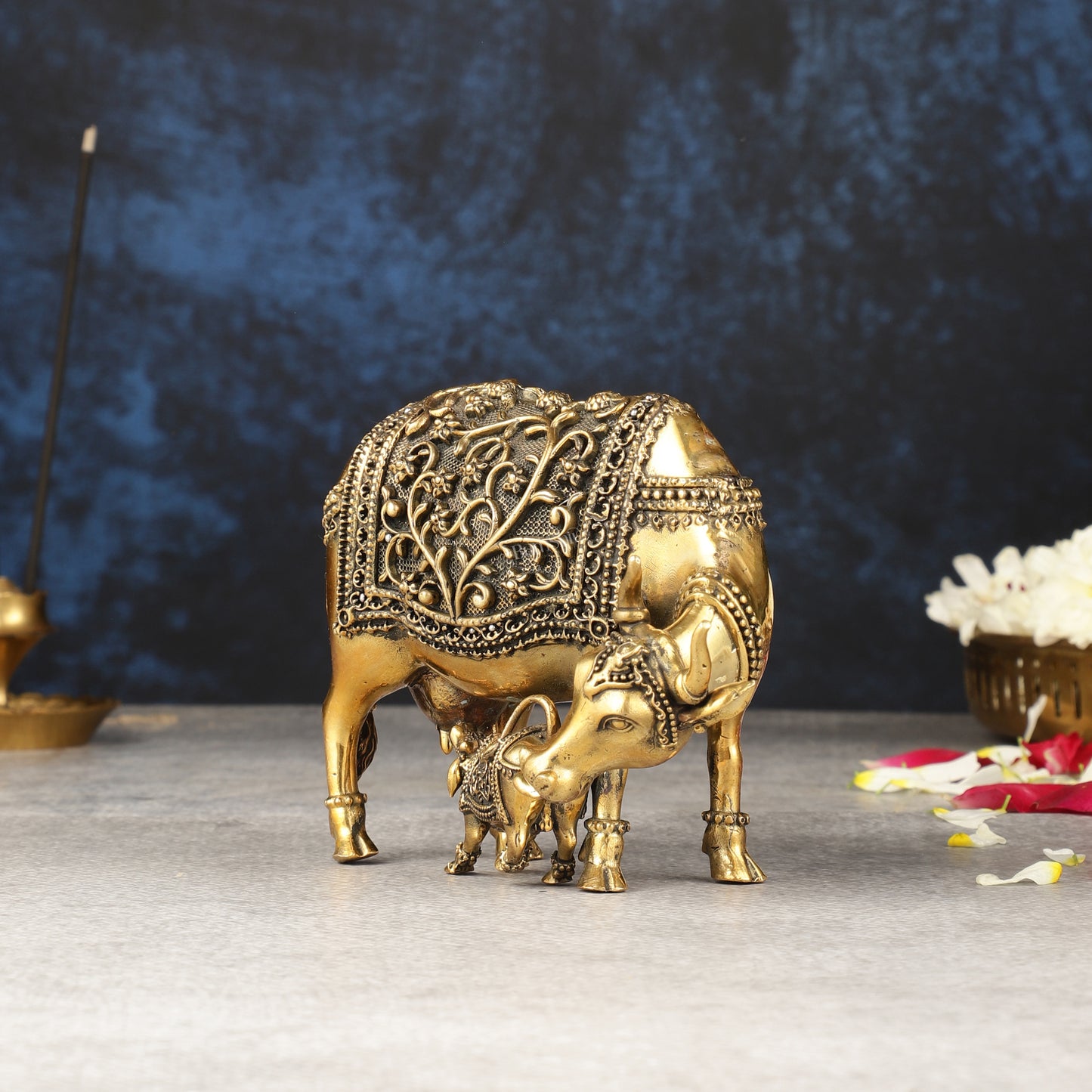 Brass Superfine Miniature Kamdhenu Cow with Calf - 5.5"