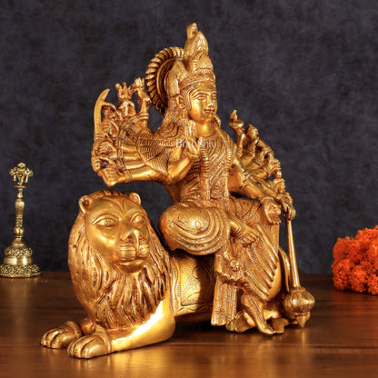 Brass Durga with Eighteen Arms with sitting Lion Idol - 12 Inch