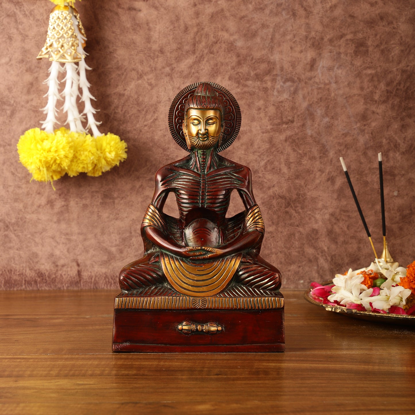 Pure Brass Fasting/Hungry Buddha in Meditation Sculpture - 9" Tall