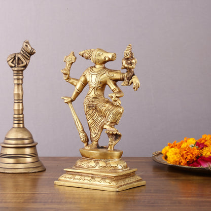 Pure Brass Lord Varaha with Goddess Lakshmi & Bhumi Devi – 8.5 inch