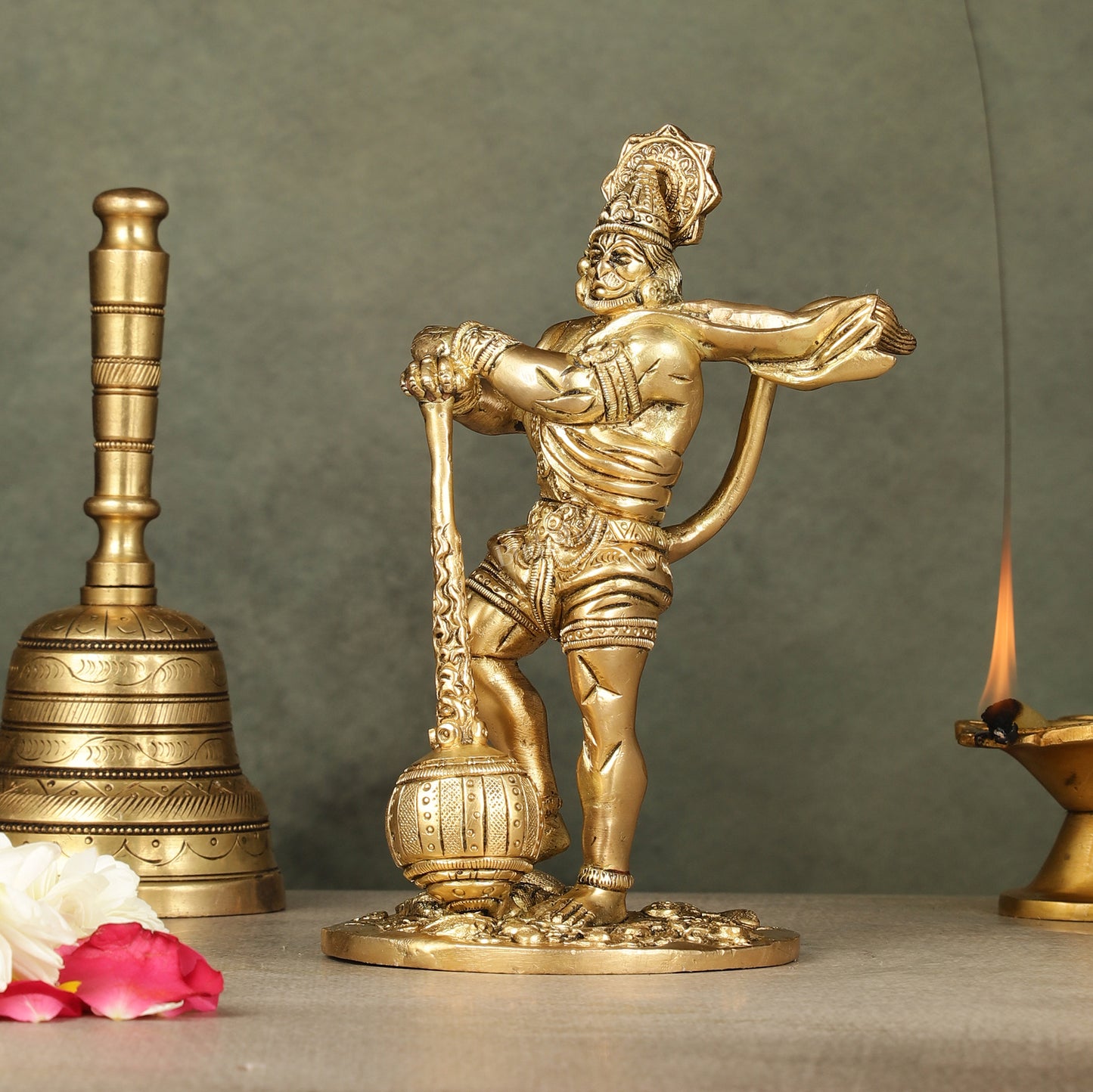 Powerful Standing Hanuman Brass Idol - 7.5" Height, Superfine Craftsmanship