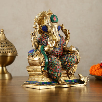 Brass Ganesha Idol with Meenakari Stonework | 10" Height | Vibrant